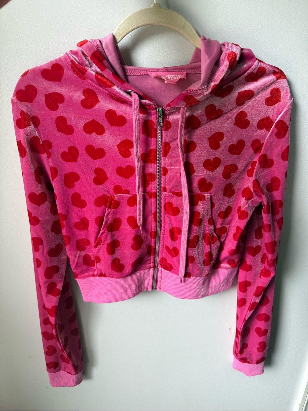 Sugar Thrillz Pink Zip-Up Hoodie with Red Heart Print. Jennifers body Cosplay